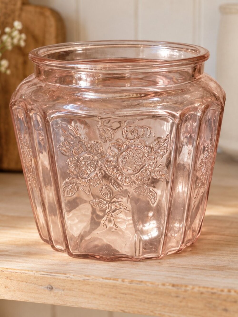 Mayfair Open Rose Style Pink Glass Cookie Jar Base No Lid Vintage Decor